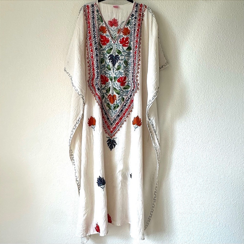 Mod's Mahal Embroidered Boho Caftan Maxi Dress Resort Beach Kaftan India OS